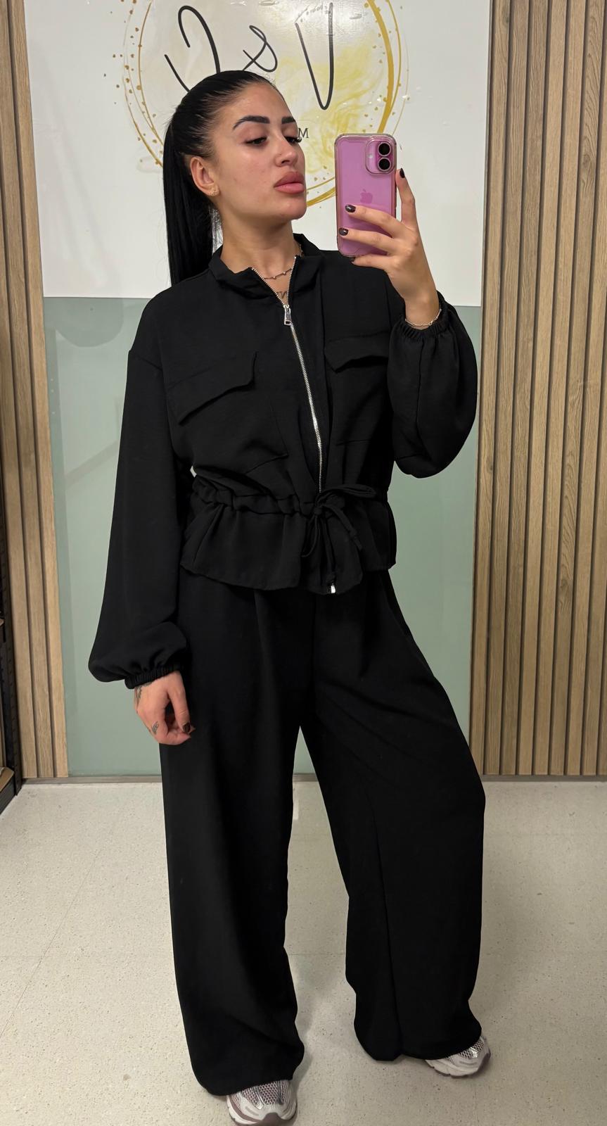 Conjunto punto chaqueta crop y pantalón wide leg